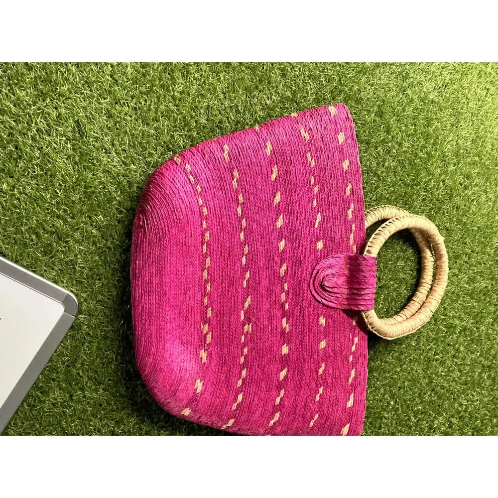 Pink Straw Handbag with Circular Handles‎ Beach Coastal Summer Spring